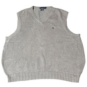 Vintage Polo Ralph Lauren Cotton Sweater Vest 2XLT Tan Light Brown w Navy Logo
